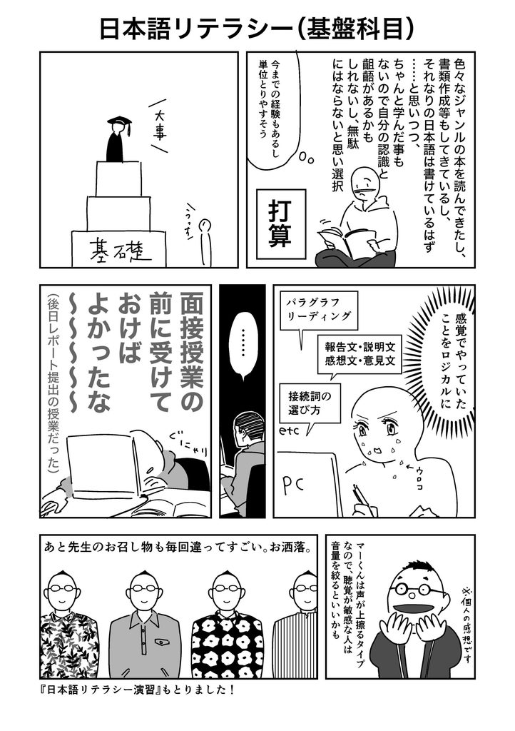 マンガ：日本語リテラシー（基盤科目）｜色々なジャンルの本を読んできたし、書類作成等もしてきているし、それなりの日本語は書けているはず....と思いつつ、ちゃんと学んだ事もないので自分の認識と齟齬があるかもしれないし、無駄にはならないと思い選択「今までの経験もあるし単位とりやすそう」［打算］｜「基礎、大事」「うっす」｜「感覚でやっていたことをロジカルに」「パラグラフリーディング」「報告文・説明文・感想文・意見文」「接続詞の選び方」etc.｜…｜面接授業の前に受けておけばよかったな～（後日レポート提出の授業だった）ぐにゃり｜マーくんは声が上擦るタイプなので、聴覚が敏感な人は音量を絞るといいかも※個人の感想です｜あと先生のお召し物も毎回違ってすごい。お洒落。｜『日本語リテラシー演習』もとりました！